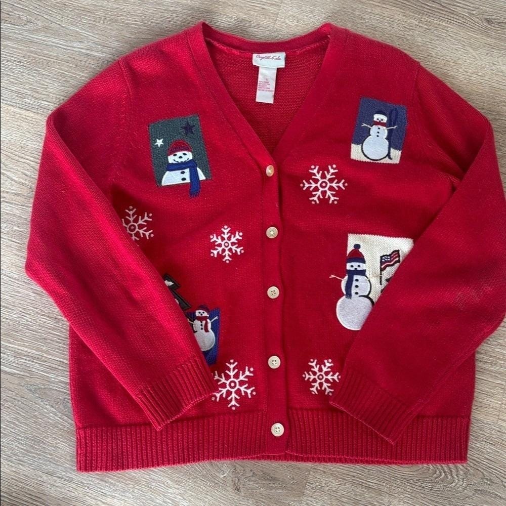 Crystal Kobe Vintage Snowman Christmas Cardigan‎ Red Knit Sweater Women L
